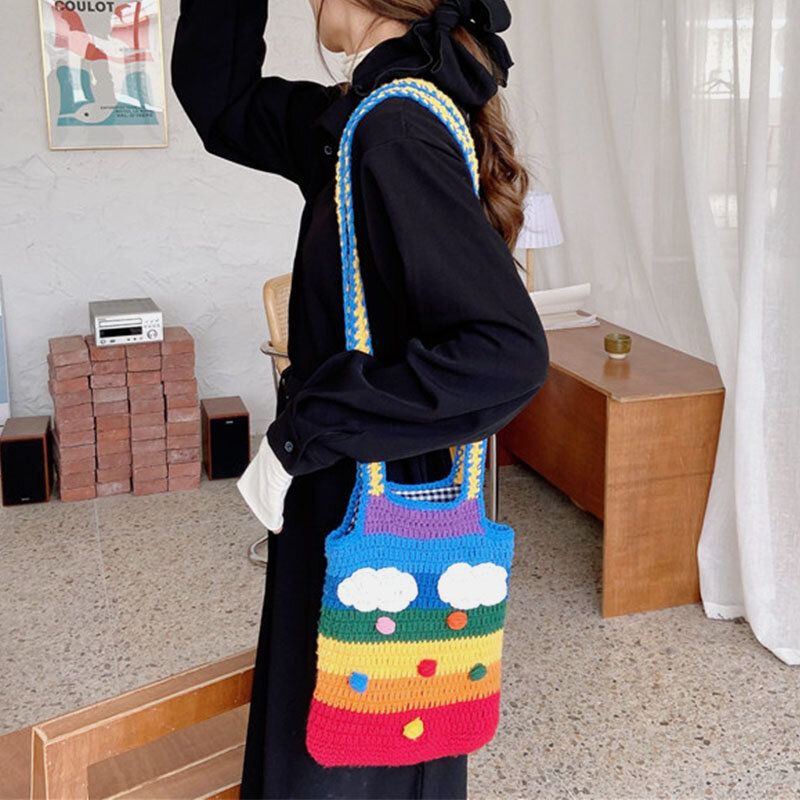 Kobiety Rainbow Stripe Cartoon Cute Casual Youth Wełniana Torba Z Dzianiny Torebka Tote Torba Crossbody