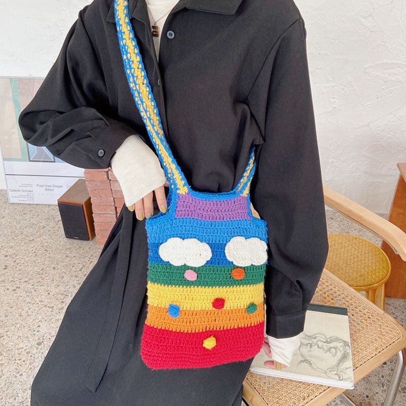 Kobiety Rainbow Stripe Cartoon Cute Casual Youth Wełniana Torba Z Dzianiny Torebka Tote Torba Crossbody