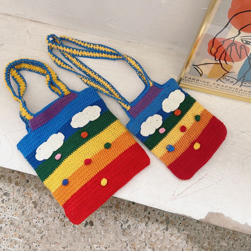 Kobiety Rainbow Stripe Cartoon Cute Casual Youth Wełniana Torba Z Dzianiny Torebka Tote Torba Crossbody