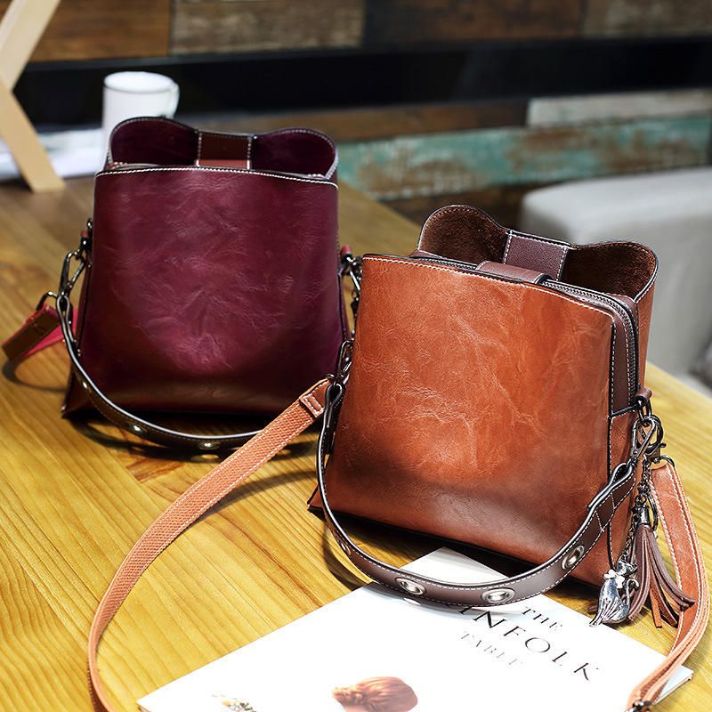 Kobiety Vintage Faux Leather Crossbody Torba Torby Na Ramię Torba Wiadro Torba Crossbody