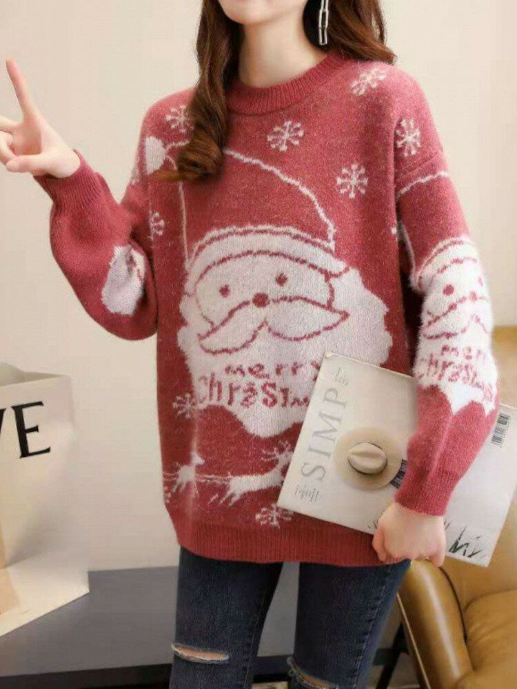 Damskie Świąteczne Dzianiny Termiczne Cartoon Santa Pattern Casual Swetry