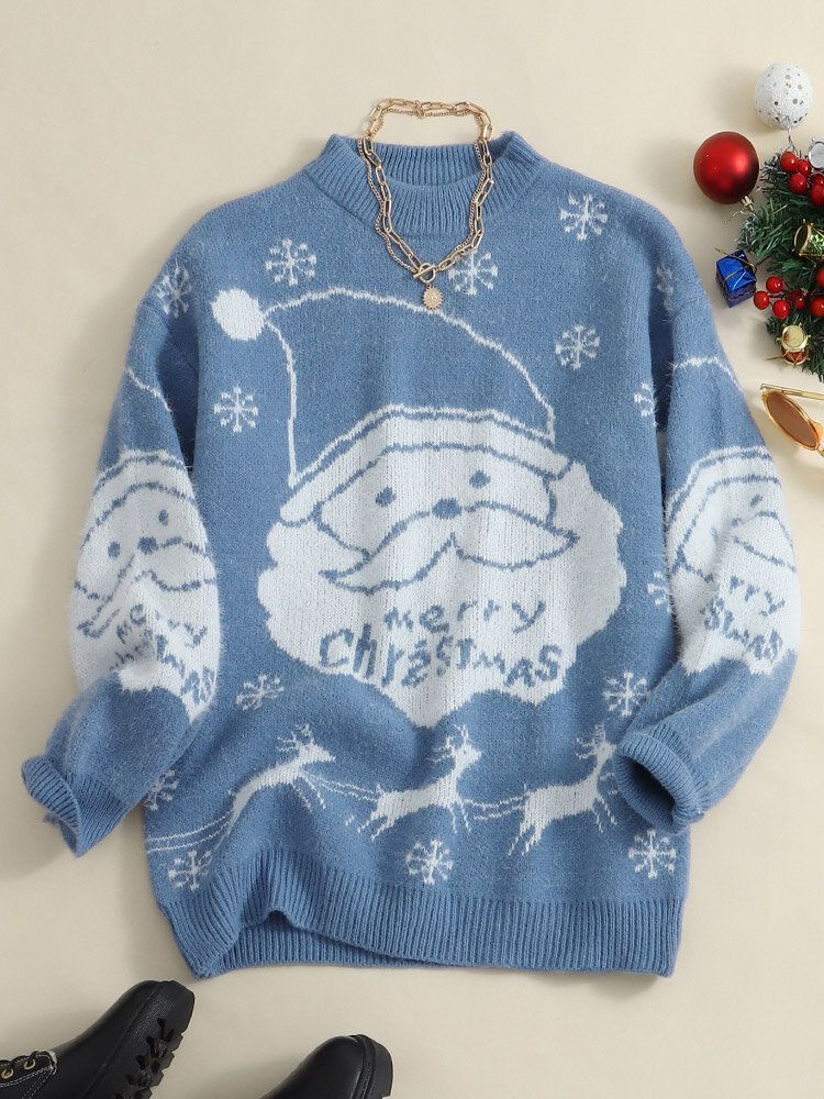 Damskie Świąteczne Dzianiny Termiczne Cartoon Santa Pattern Casual Swetry