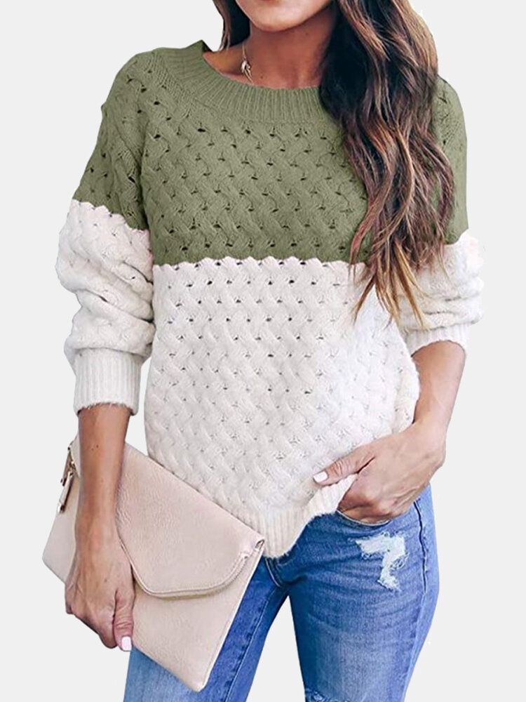 Kobiety Colorblock Knitting Hollow Out Casual Sweter Z Długim Rękawem