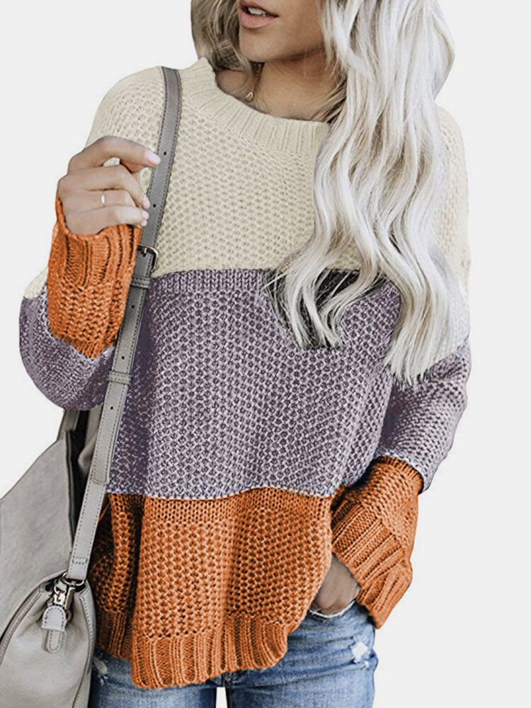 Kobiety Kontrastowy Kolor Patchwork Okrągły Dekolt Z Długim Rękawem Dzianiny Casual Sweter