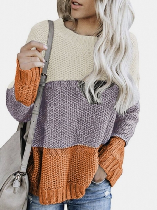 Kobiety Kontrastowy Kolor Patchwork Okrągły Dekolt Z Długim Rękawem Dzianiny Casual Sweter