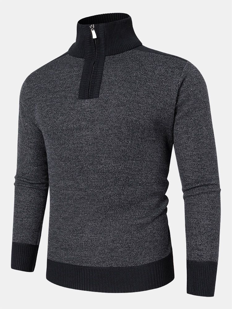 Męska Dzianina Pure Solid Sweter Zip Stand Collar Velvets Warm Sweter