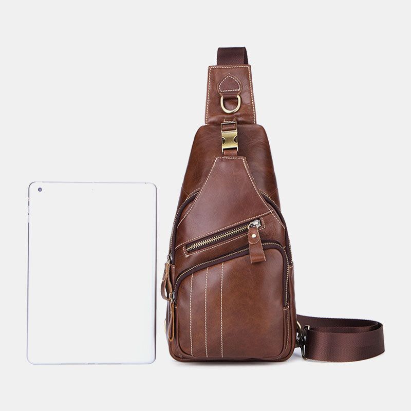 Mężczyźni Prawdziwa Skóra Retro Business Casual Solid Color Skórzana Torba Na Ramię Torba Crossbody Torba Na Klatkę Piersiową