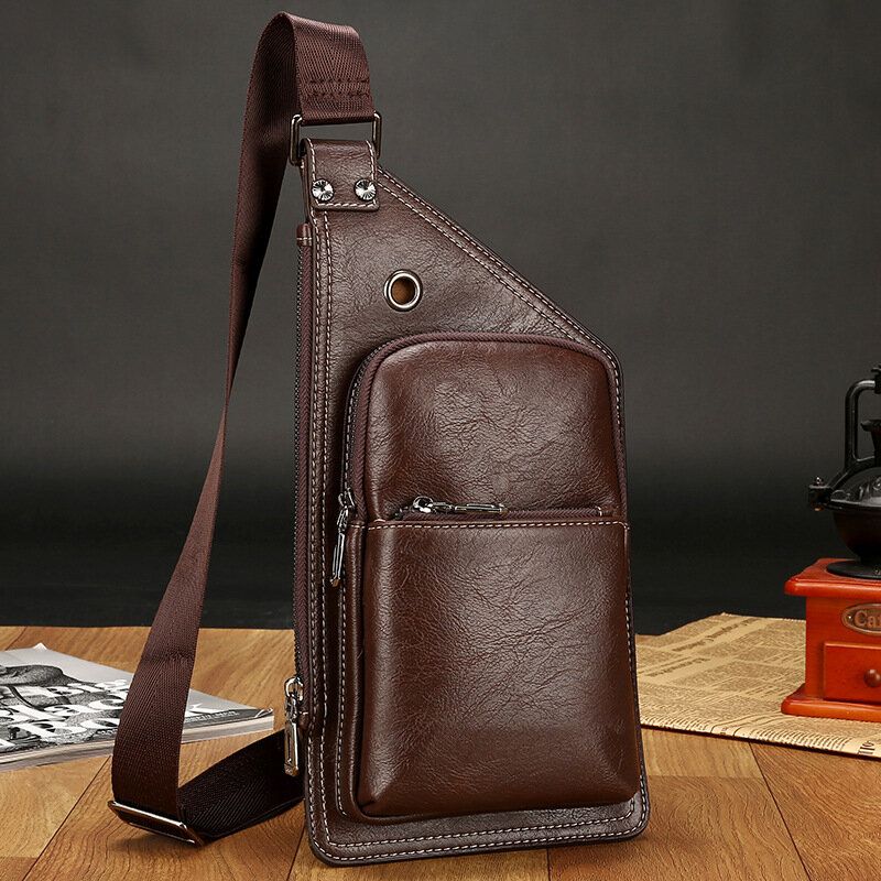 Mężczyźni Retro Pu Skóra Słuchawki Otwór Projekt Torba Na Klatkę Piersiową Multi-pocket Wodoodporna Torba Na Ramię Crossbody Zipper Torba Na Ramię