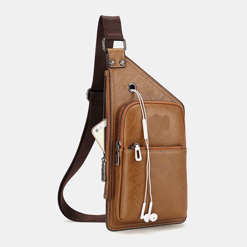 Mężczyźni Retro Pu Skóra Słuchawki Otwór Projekt Torba Na Klatkę Piersiową Multi-pocket Wodoodporna Torba Na Ramię Crossbody Zipper Torba Na Ramię