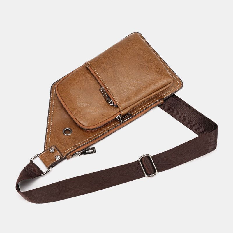 Mężczyźni Retro Pu Skóra Słuchawki Otwór Projekt Torba Na Klatkę Piersiową Multi-pocket Wodoodporna Torba Na Ramię Crossbody Zipper Torba Na Ramię