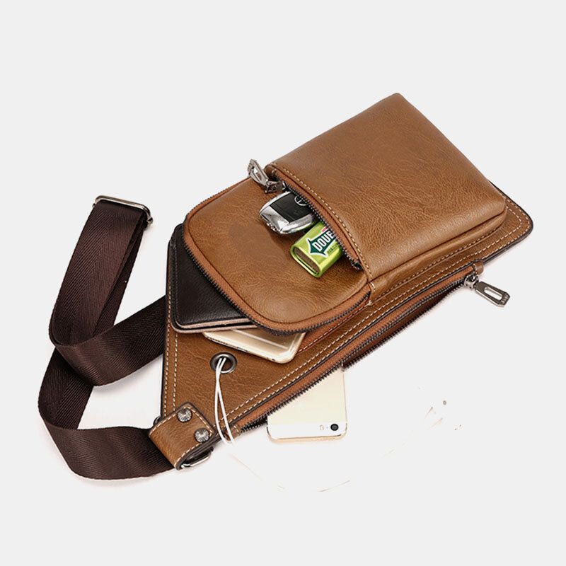 Mężczyźni Retro Pu Skóra Słuchawki Otwór Projekt Torba Na Klatkę Piersiową Multi-pocket Wodoodporna Torba Na Ramię Crossbody Zipper Torba Na Ramię