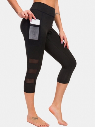 Kobiety Mesh Patchwork Bodycon Przycięte Legginsy Sportowe Do Jogi Z Kieszeniami