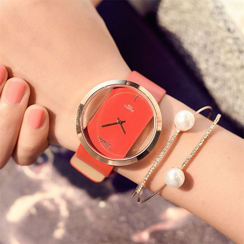 2 Szt/zestaw Pu Alloy Damskie Casual Watch Ozdobiony Wskaźnikiem Hollow Quartz Watch Bransoletka