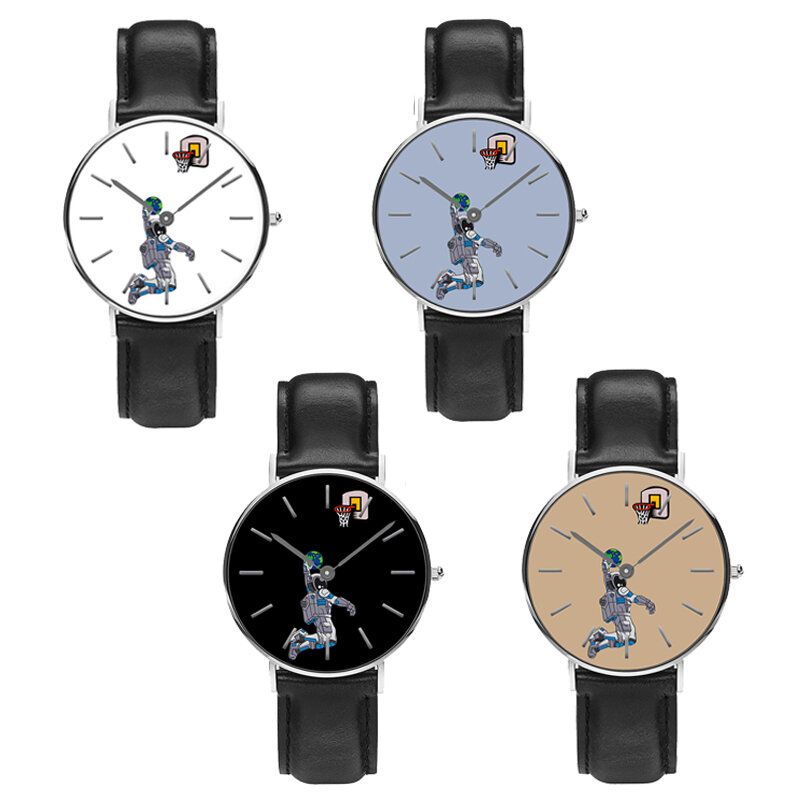 Casual Style Męskie Watch Cartoon Astronaut Earth Print Pu Skórzany Pasek Zegar Zegarki Kwarcowe