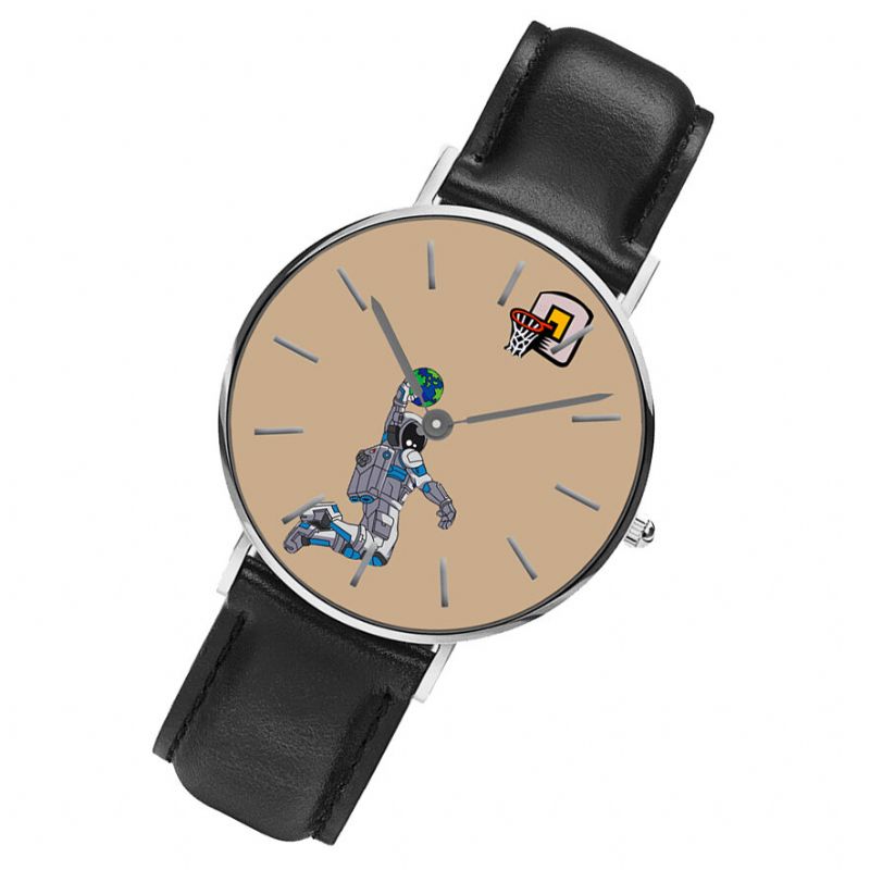 Casual Style Męskie Watch Cartoon Astronaut Earth Print Pu Skórzany Pasek Zegar Zegarki Kwarcowe