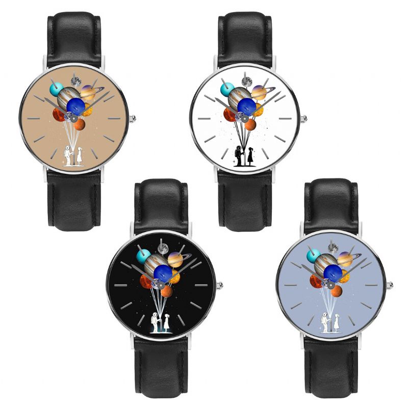 Casual Style Męskie Watch Cartoon Astronauta Kolorowy Nadruk Planety Pu Skórzany Pasek Zegar Zegarki Kwarcowe