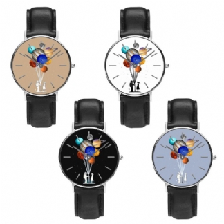 Casual Style Męskie Watch Cartoon Astronauta Kolorowy Nadruk Planety Pu Skórzany Pasek Zegar Zegarki Kwarcowe