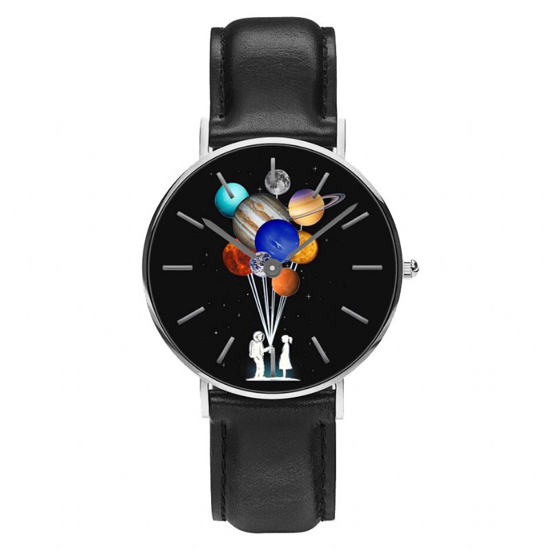 Casual Style Męskie Watch Cartoon Astronauta Kolorowy Nadruk Planety Pu Skórzany Pasek Zegar Zegarki Kwarcowe