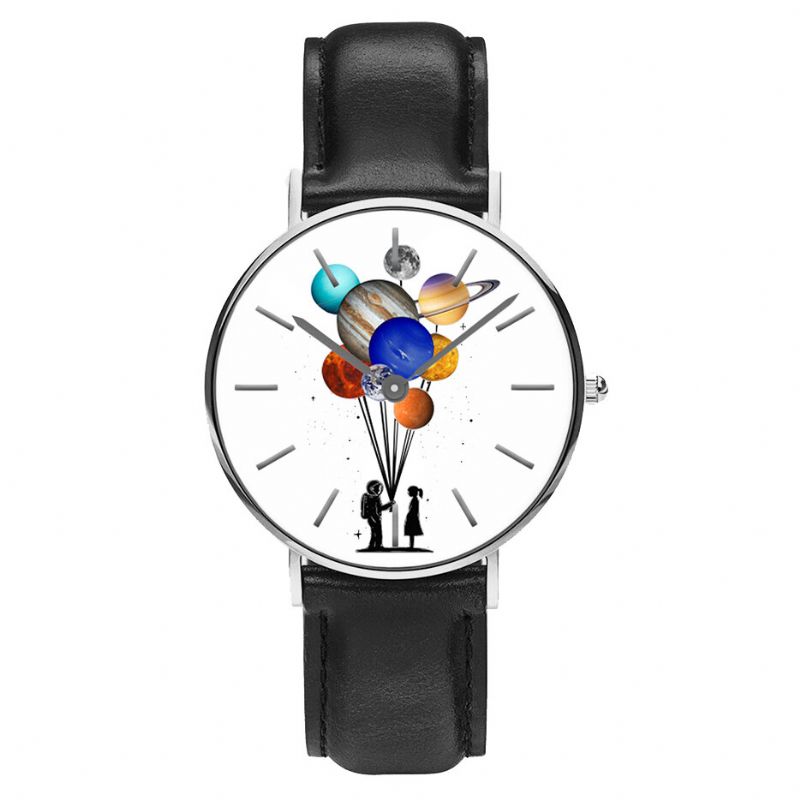 Casual Style Męskie Watch Cartoon Astronauta Kolorowy Nadruk Planety Pu Skórzany Pasek Zegar Zegarki Kwarcowe