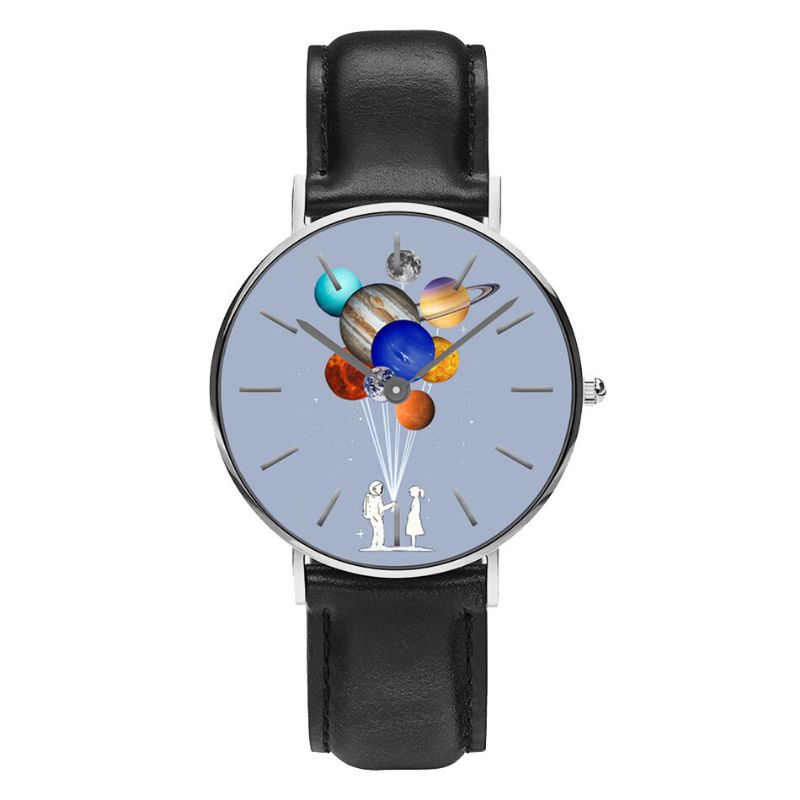 Casual Style Męskie Watch Cartoon Astronauta Kolorowy Nadruk Planety Pu Skórzany Pasek Zegar Zegarki Kwarcowe