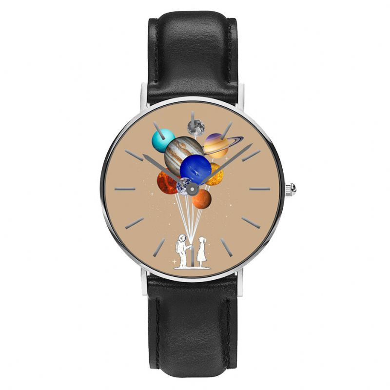 Casual Style Męskie Watch Cartoon Astronauta Kolorowy Nadruk Planety Pu Skórzany Pasek Zegar Zegarki Kwarcowe