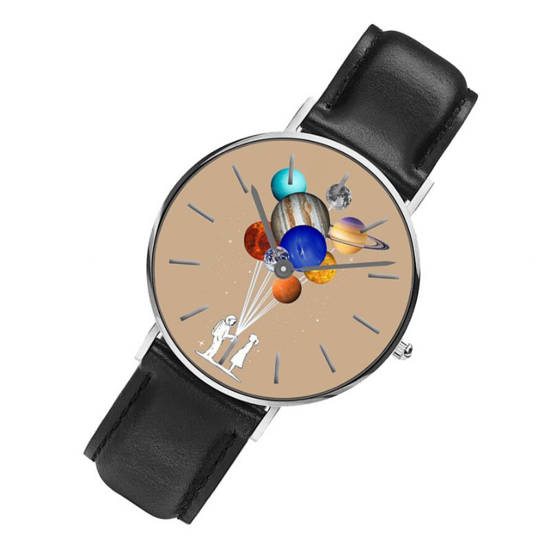 Casual Style Męskie Watch Cartoon Astronauta Kolorowy Nadruk Planety Pu Skórzany Pasek Zegar Zegarki Kwarcowe