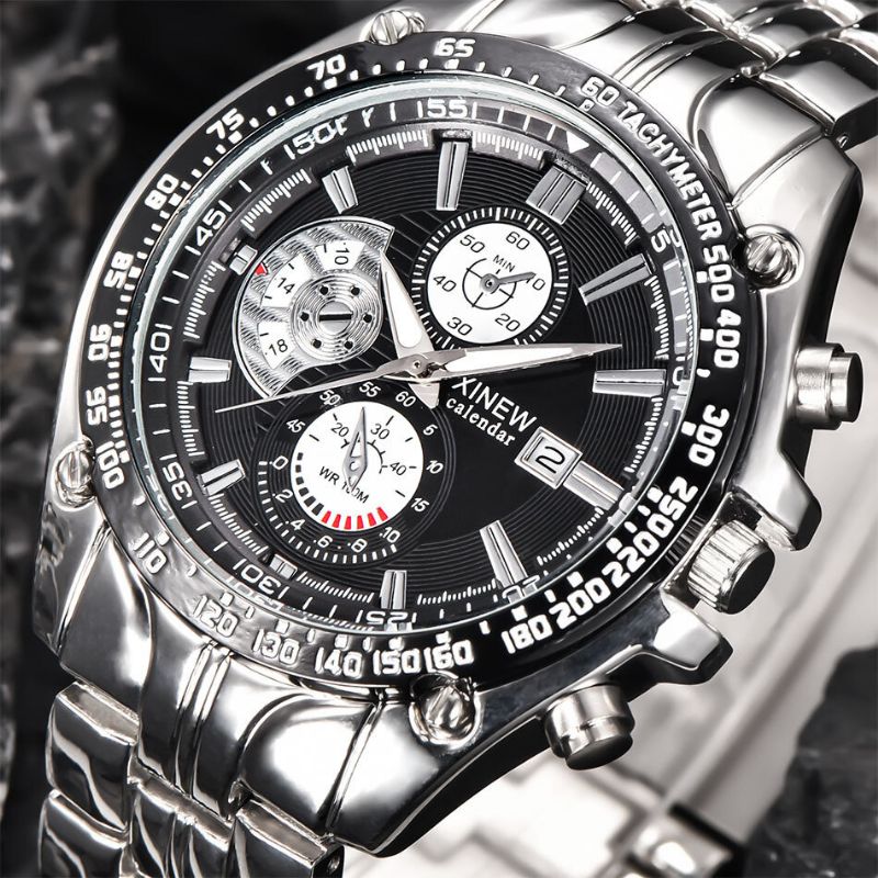 Fashion Alloy Business Wodoodporny Kalendarz Steel Band Męskie Quartz Watch