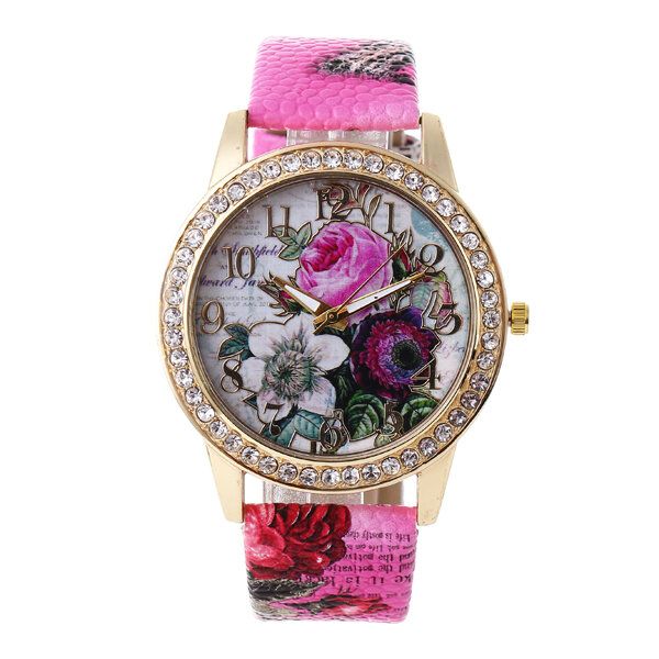 Fashion Bohemia Style Damskie Watch Skórzany Pasek Retro Rose Pattern Quartz Watch