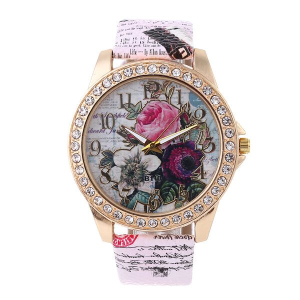 Fashion Bohemia Style Damskie Watch Skórzany Pasek Retro Rose Pattern Quartz Watch