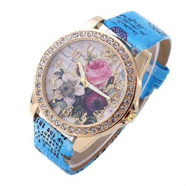 Fashion Bohemia Style Damskie Watch Skórzany Pasek Retro Rose Pattern Quartz Watch