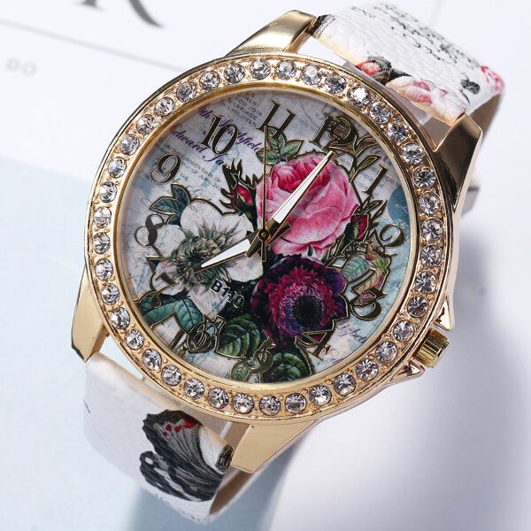 Fashion Bohemia Style Damskie Watch Skórzany Pasek Retro Rose Pattern Quartz Watch