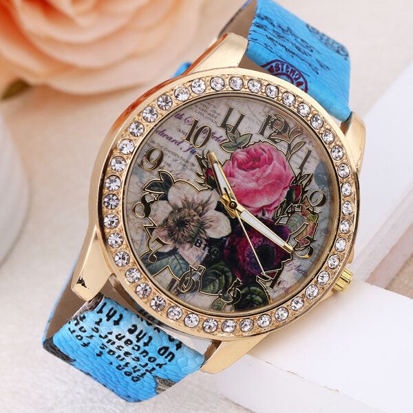 Fashion Bohemia Style Damskie Watch Skórzany Pasek Retro Rose Pattern Quartz Watch