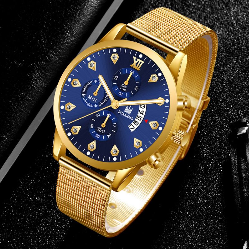 Fashion Business Zdobiony Wskaźnik Z Kalendarzem Dial Alloy Mesh Band Męskie Quartz Watch Wristband