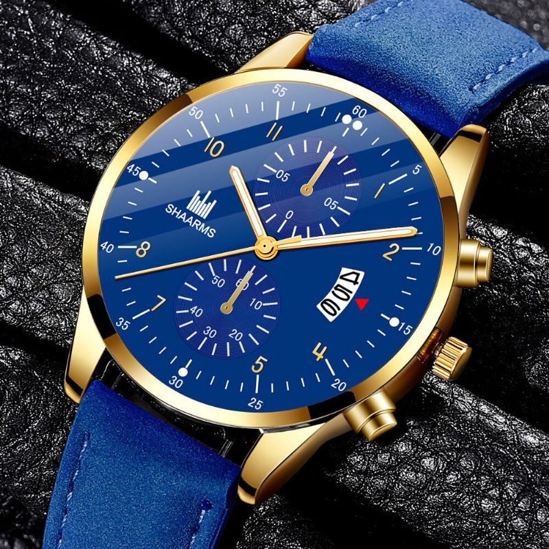 Fashion Business Zdobiony Wskaźnik Z Kalendarzem Dial Pu Leather Band Męskie Quartz Watch Wristband