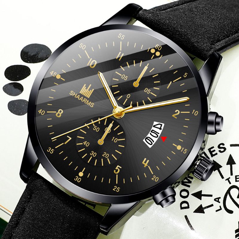 Fashion Business Zdobiony Wskaźnik Z Kalendarzem Dial Pu Leather Band Męskie Quartz Watch Wristband