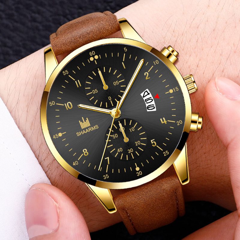 Fashion Business Zdobiony Wskaźnik Z Kalendarzem Dial Pu Leather Band Męskie Quartz Watch Wristband