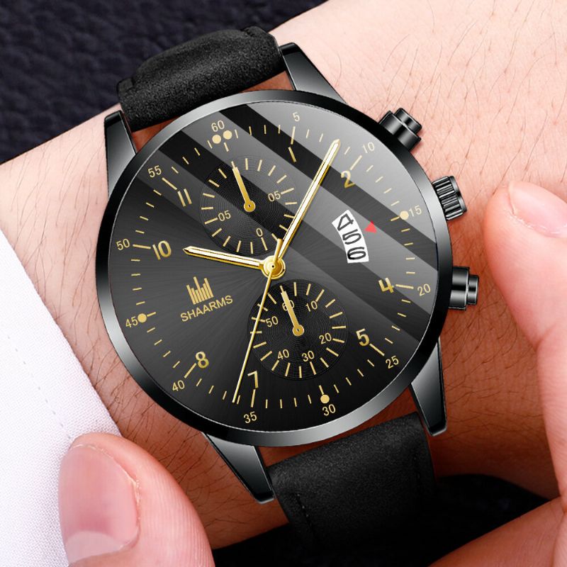 Fashion Business Zdobiony Wskaźnik Z Kalendarzem Dial Pu Leather Band Męskie Quartz Watch Wristband