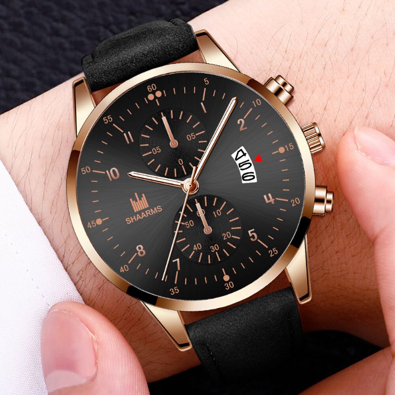 Fashion Business Zdobiony Wskaźnik Z Kalendarzem Dial Pu Leather Band Męskie Quartz Watch Wristband