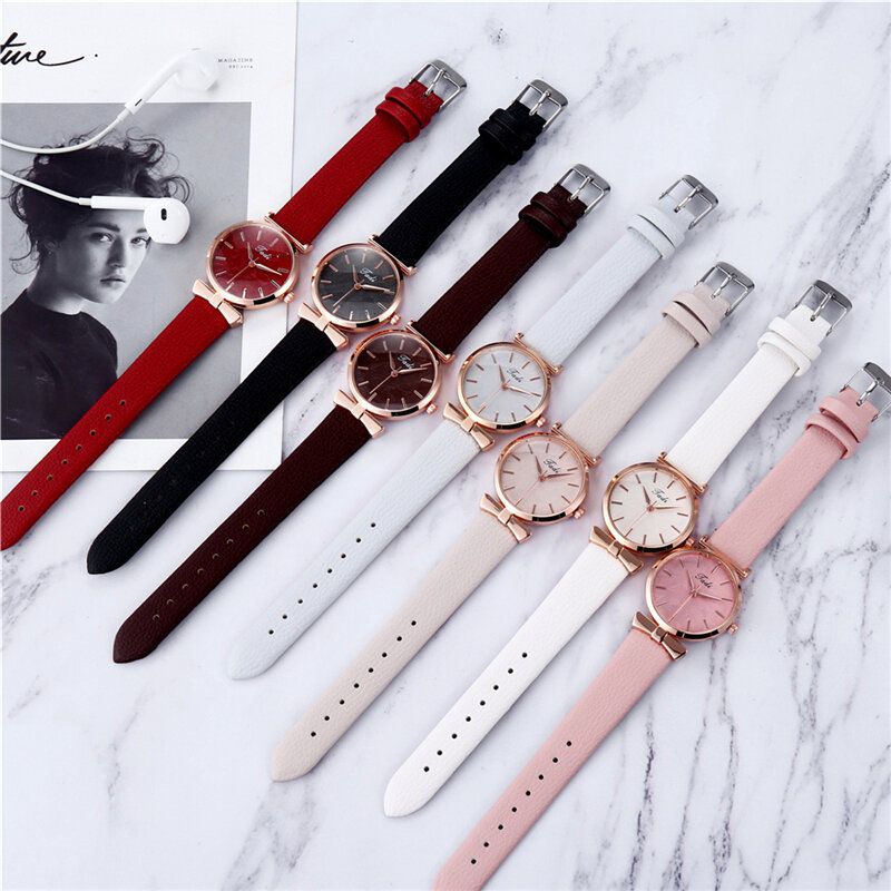 Fashion Casual Eleganckie Damskie Zegarki Skórzany Pasek Dial Rose Gold Wrist Alloy Case Zegarek Kwarcowy