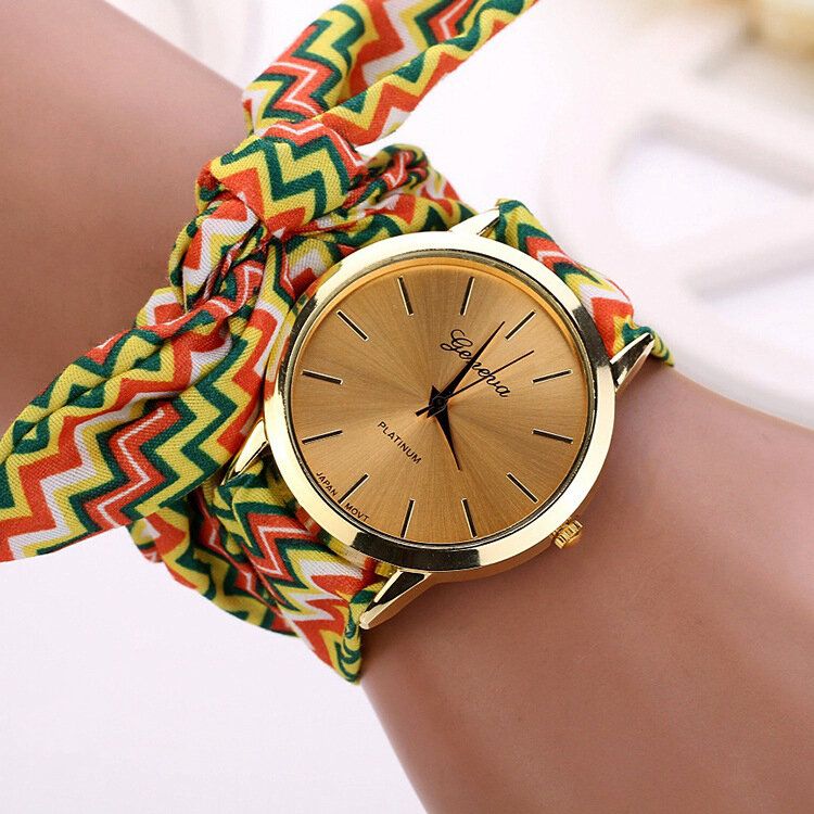 Fashion Chic Big Dial Striped Cloth Strap Damskie Kwarcowy Zegarek Na Rękę