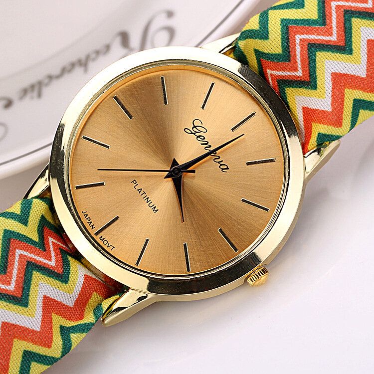 Fashion Chic Big Dial Striped Cloth Strap Damskie Kwarcowy Zegarek Na Rękę