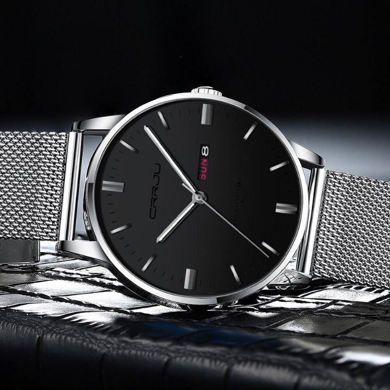 Fashion Mesh Steel Data Tydzień Luminous Display Casual Simple Dial Męskie Quartz Watch