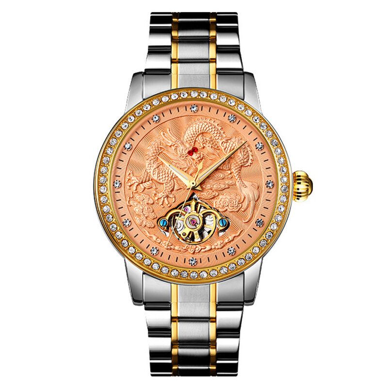 Fashion Męskie Automatyczny Zegarek Dragon Diamond Hollow Big Dial Hardlex Glass Wodoodporny Zegarek Mechaniczny