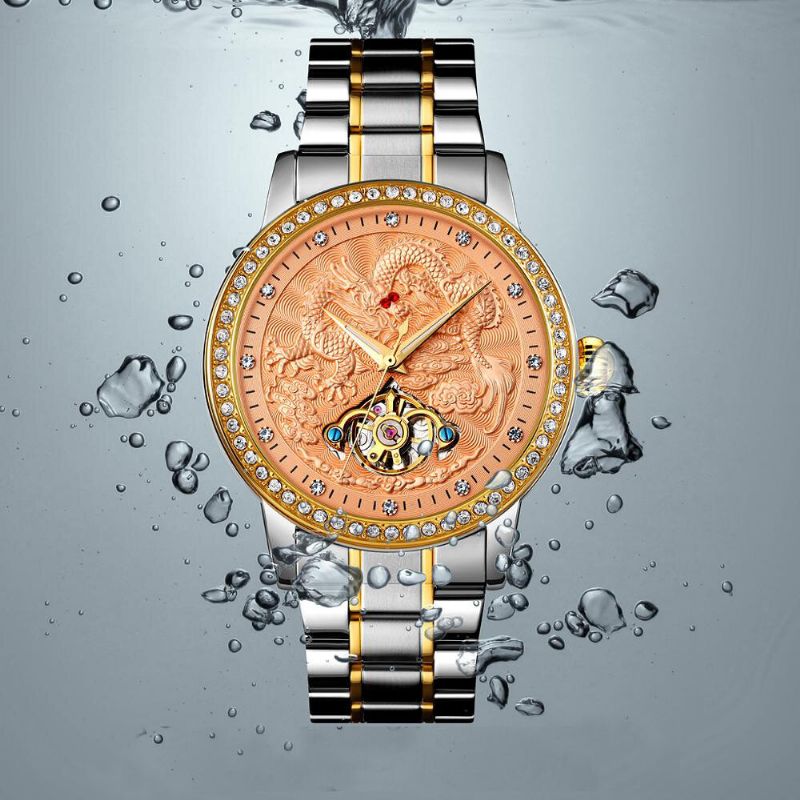 Fashion Męskie Automatyczny Zegarek Dragon Diamond Hollow Big Dial Hardlex Glass Wodoodporny Zegarek Mechaniczny