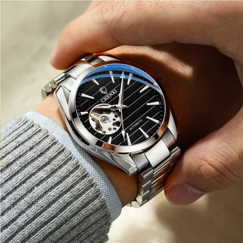 Fashion Męskie Automatyczny Zegarek Hollow Dial Luminous Display Pasek Ze Stali Nierdzewnej Wodoodporny Prosty Zegarek Mechaniczny