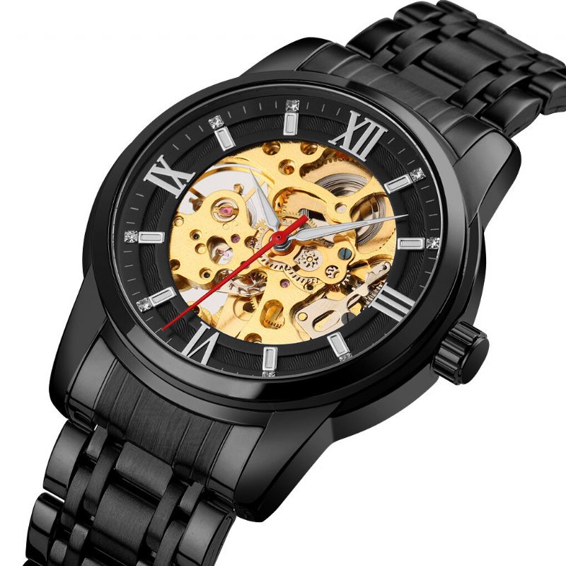 Fashion Męskie Automatyczny Zegarek Hollow Dial Pasek Ze Stali Nierdzewnej Business Mechanical Watch