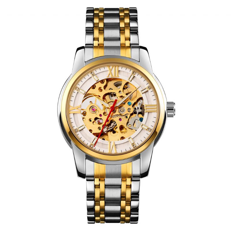 Fashion Męskie Automatyczny Zegarek Hollow Dial Pasek Ze Stali Nierdzewnej Business Mechanical Watch