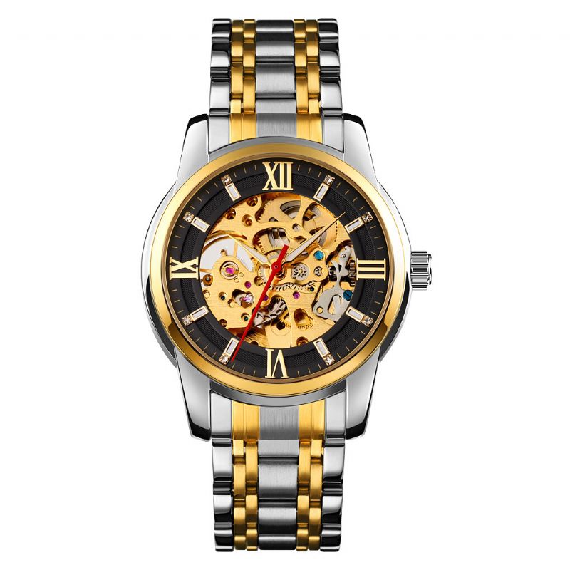 Fashion Męskie Automatyczny Zegarek Hollow Dial Pasek Ze Stali Nierdzewnej Business Mechanical Watch