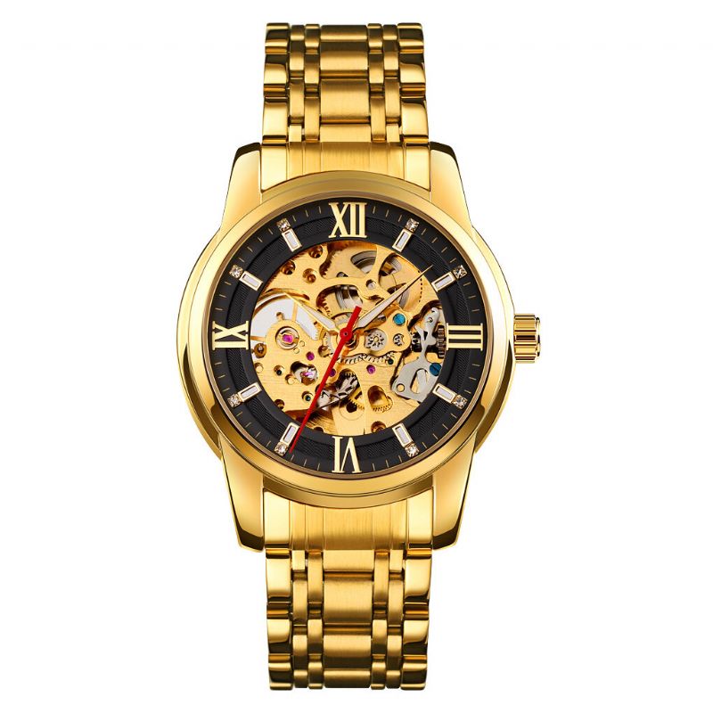 Fashion Męskie Automatyczny Zegarek Hollow Dial Pasek Ze Stali Nierdzewnej Business Mechanical Watch