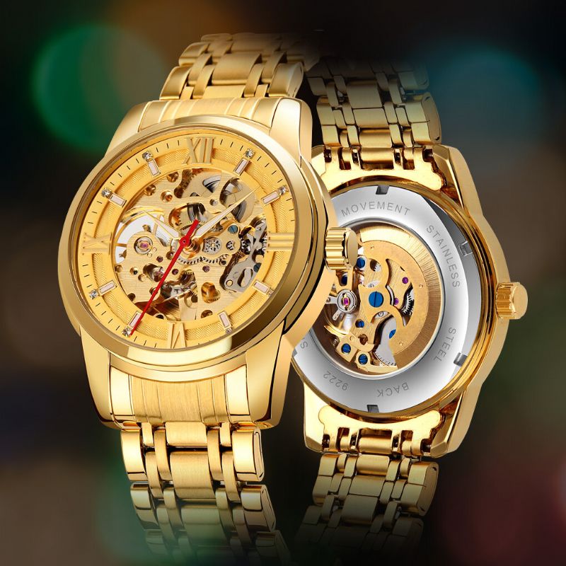 Fashion Męskie Automatyczny Zegarek Hollow Dial Pasek Ze Stali Nierdzewnej Business Mechanical Watch